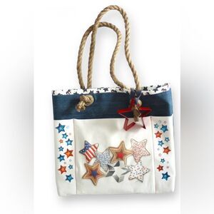 Stars Denim Open Top Tote with Rope Handles Hand Crafted NWT